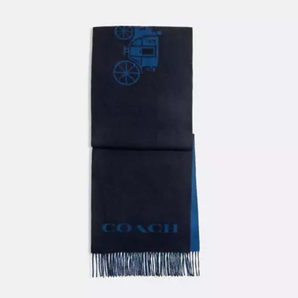 Coach Horse And Carriage Cashmere Muffler Two-Toned Navy/Blue Scarf Preppy Chic